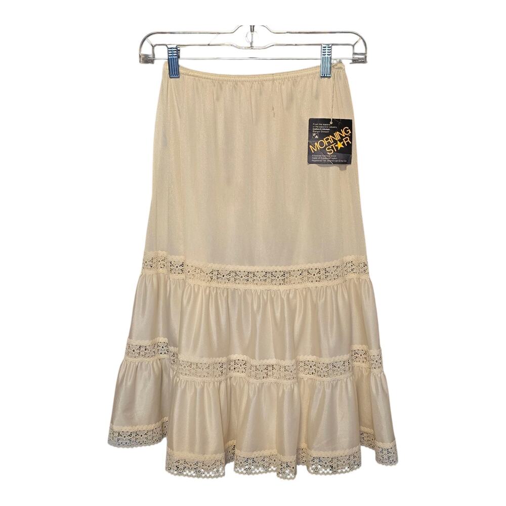 Vintage Morning Star Womens Skirt Slip Small Beige Tiered Lace Elastic Waist NWT